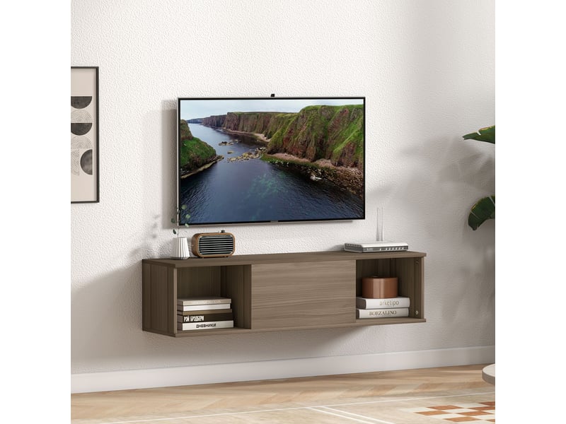  Meuble tv mural effet bois avec rangement ouvert et fermé, 120 x 30 x 29,5 cm  - Conforama C