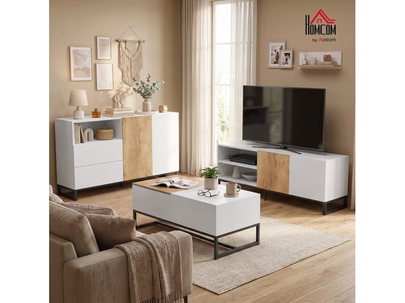  Meuble tv 140x36,5x50 cm tablettes réglables blanc et chêne clair  - Conforama C