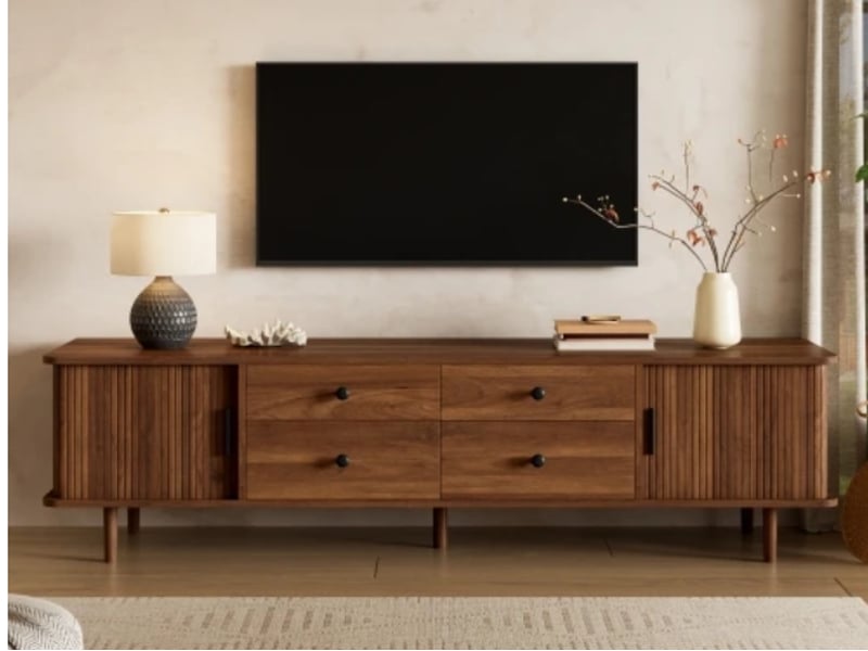  Meuble tv bas avec 4 tiroirs et 2 portes coulissantes, mdf, 165 × 40 × 46 cm, noyer  - Conforama B