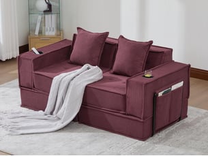 Canapé modulable 2 places convertible lit, mousse haute densité ergonomique, porte-gobelets, rangements, salon chambre bureau