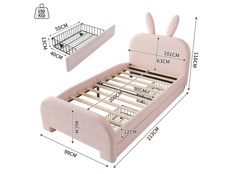 Lit enfant 90x200 cm rose à tête de lit lapin avec 2 tiroirs - Conforama E