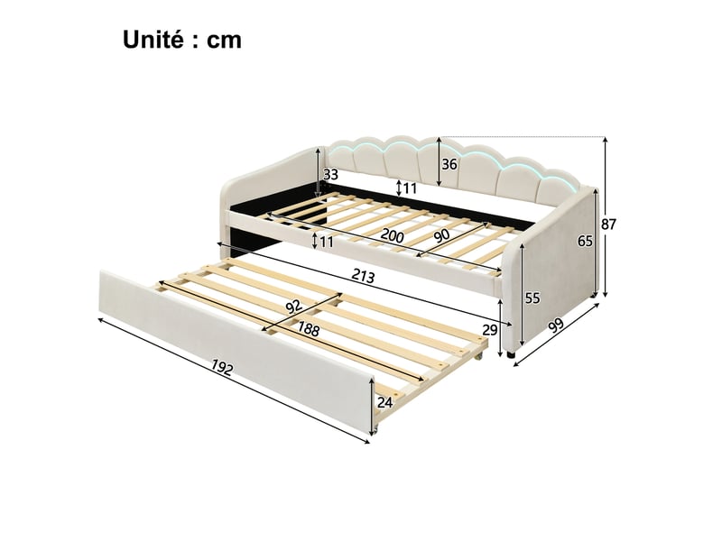  Lit gigogne 90x200 cm - lit simple avec lit tiroir et bande led intégrée - sans matelas - finition en velours résistant - beige  - Conforama C