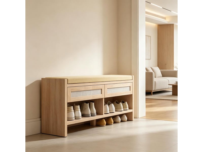  Banc à chaussures avec coussin 2 tiroirs en rotin pe et étagère 108x35x50 cm T5828P549554 - Conforama B