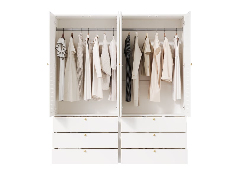  Armoire 4 portes 180x50x200 cm, penderie avec 2 tringles, 6 tiroirs, portes à lamelles, panneaux de particules, blanc OMNIGLINT TRADING LTD - Conforama A