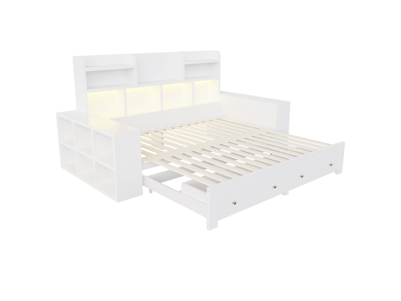  Canapé-lit extensible multifonctionnel en bois, 90180 × 200 cm, avec rangements intégrés dans le dossier et les accoudoirs, compartiments de rangement, étagères et tiroirs, prise électrique et éclairage led, blanc  - Conforama D