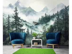 Papier peint panoramique intissé forêt montagnes vert - 300x210 cm - papier peint chambre et salon