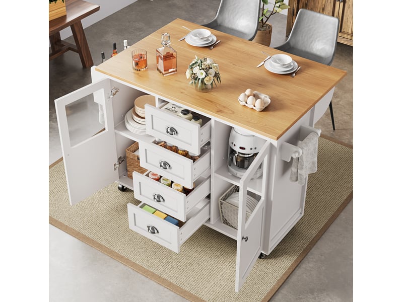Îlot de cuisine mobile 137,9 x 73 x 92,5 cm, 4 tiroirs, plateau rabattable blanc - Conforama D