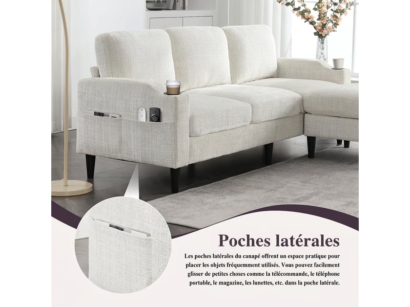  Canapé 4 places avec pouf revêtement en chenille douce 196,5 cm rangement et porte-gobelets  - Conforama R