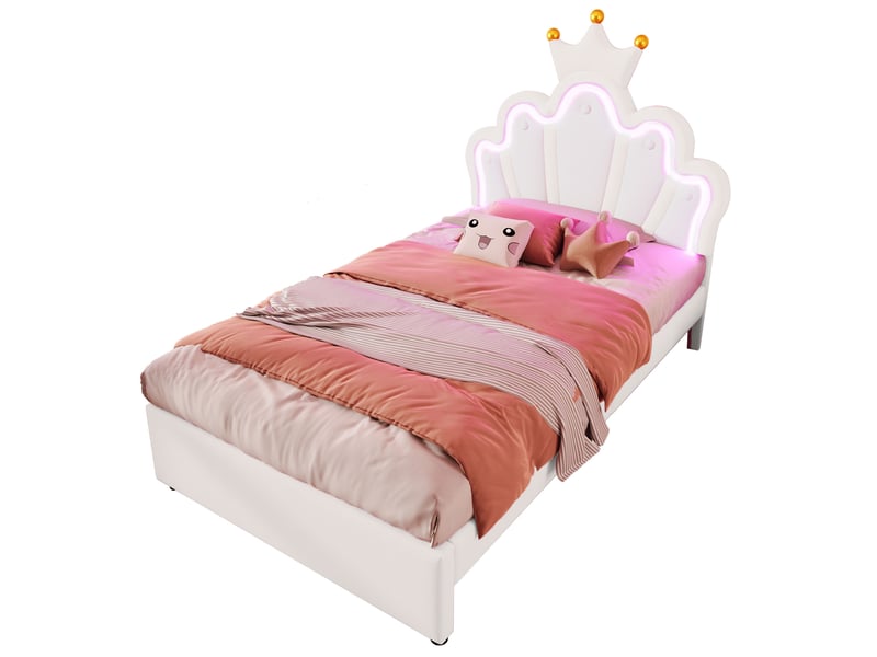  Lit enfant 90x200cm avec led, tiroirs, tête réglable, style princesse, sommier, pu blanc, sans matelas  - Conforama A