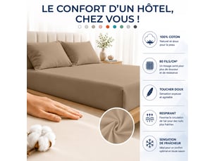 Drap housse 100% percale de coton 80 filscm² - grand bonnet 30 cm – fabrication européenne – doux, résistant – oeko-tex®
