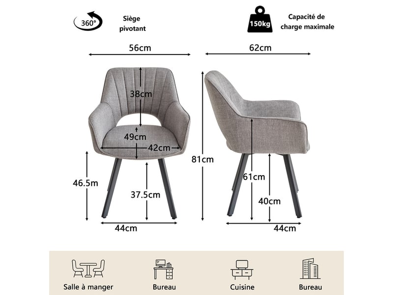  Lot de 6 chaises de salle à manger pivoter à 360° - cuisine, salon - avec dossier ajouré - lin - pieds en métal - gris clair  - Conforama E