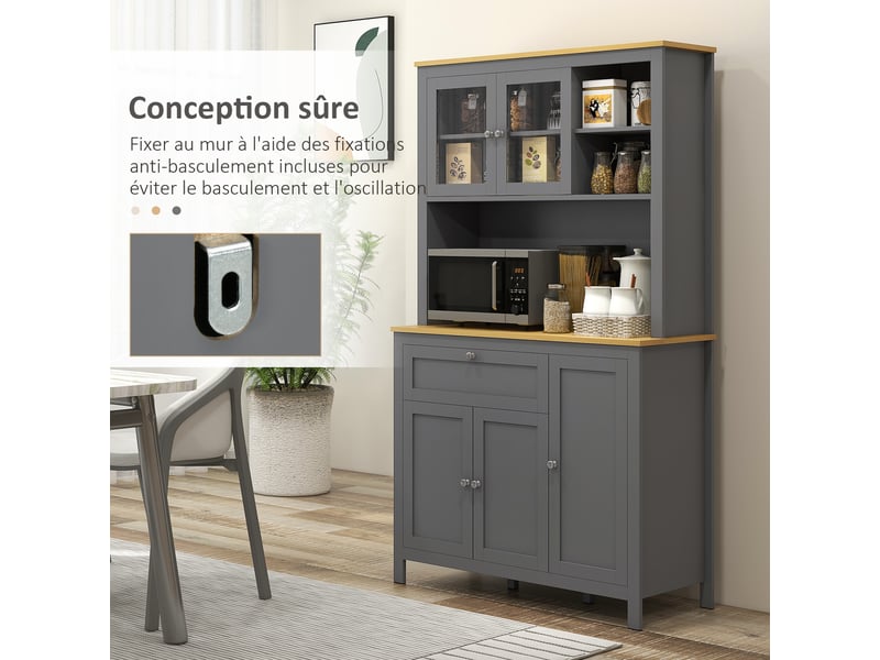  Armoire de cuisine buffet cuisine 5 portes dont 2 vitrées portes et 1 tiroir, 1 niche centrale - hauteur 180 cm gris  - Conforama W