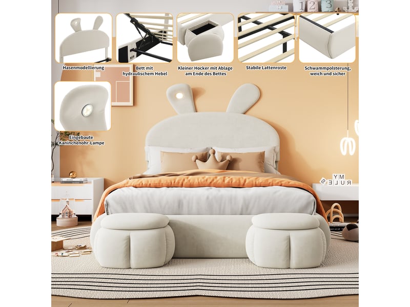  Lit coffre avec 2 poufs 140x200 cm beige en velours, tête lapin avec led, sommier relevable, poufs de rangement, tête réglable  - Conforama E