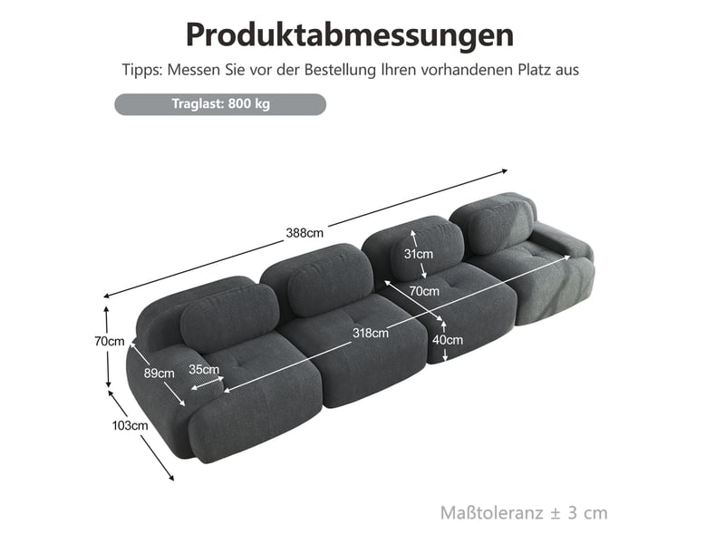 Canapé modulable modenvie 4 places sans cadre en velours côtelé gris 388 x 103 x 70 cm  - Conforama C
