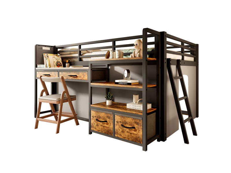  Lit mezzanine 140x200 cm noir avec bureau, rangements et éclairage led  - Conforama A