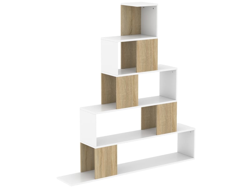  Étagère de rangement, bibliothèque géométrique à 5 niveaux, pour bureau, salon, chambre, blanc et bois naturel  - Conforama B