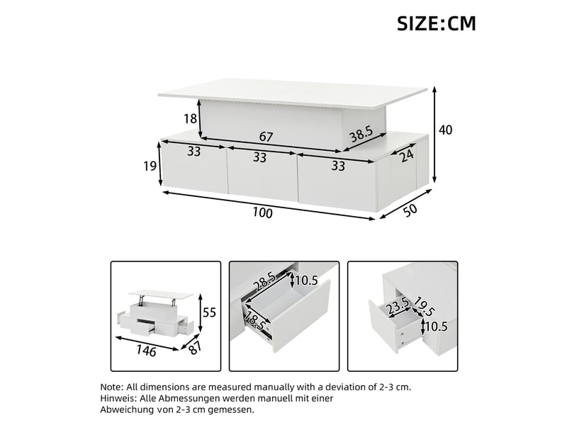  Table basse relevable 100x50x40 cm avec 4 tiroirs et rangement caché, finition brillante, led contrôlable par app, mdf blanc  - Conforama C