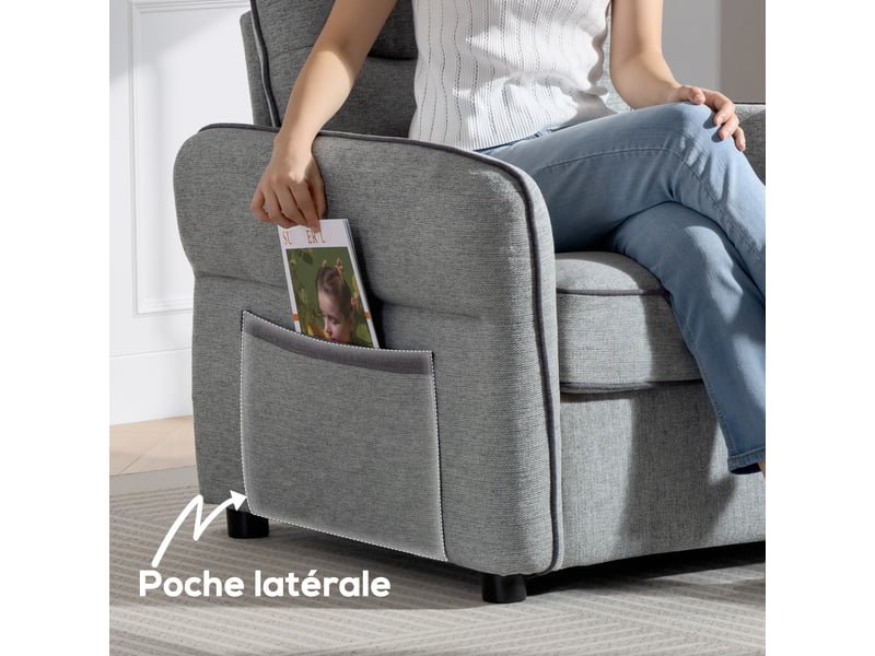  Canapé 1 place, canapé de salon en velours égyptien, poche latérale, gris, 80 x 81 x 90 cm  - Conforama W