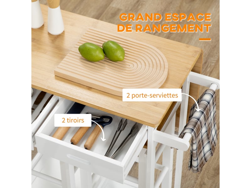  Ensemble table de bar pliable roulettes + 2 blanc tabourets et bois clair - 2 tiroirs et porte-torchons  - Conforama R