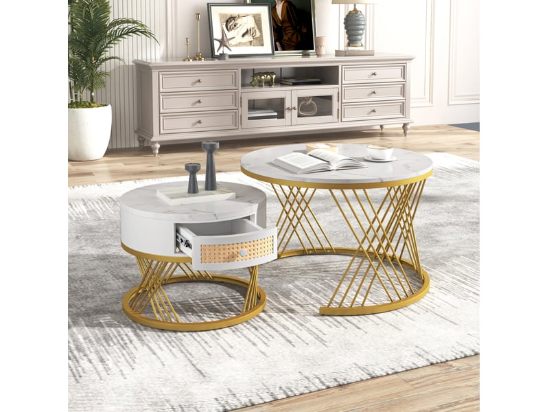  Lot de 2 tables basses rondes gigognes avec tiroir en mdf blanc et métal doré  - Conforama C