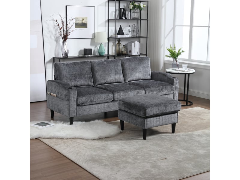  Canapé 4 places modenvie avec pouf de rangement en chenille gris 196,5 x 75 x 77 cm  - Conforama E
