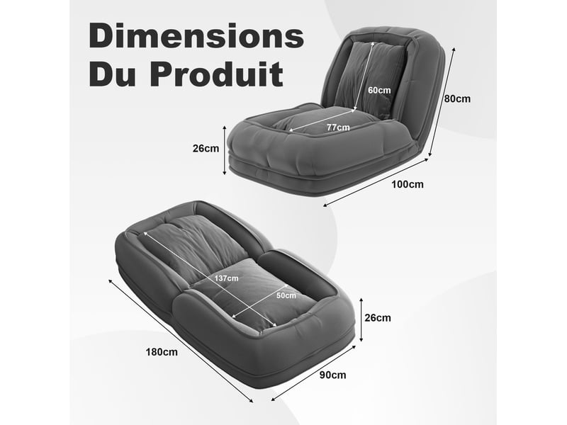 Fauteuil relax convertible 180x90x26 cm pliable réglable 5 positions metal gris sans matelas  - Conforama E