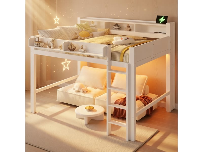  Grand lit mezzanine en bois 140x200 cm avec étagères éclairage led et port usb blanc  - Conforama B