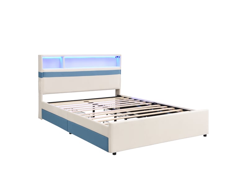 Lit double 140x200 cm avec 4 tiroirs, led et usb, velours blanc et bleu, sans matelas - Conforama E
