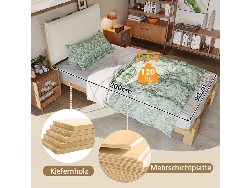  Lit capitonné enfant 90x200 cm naturel, dossier velcro, lattes solides et pieds larges  - Conforama D