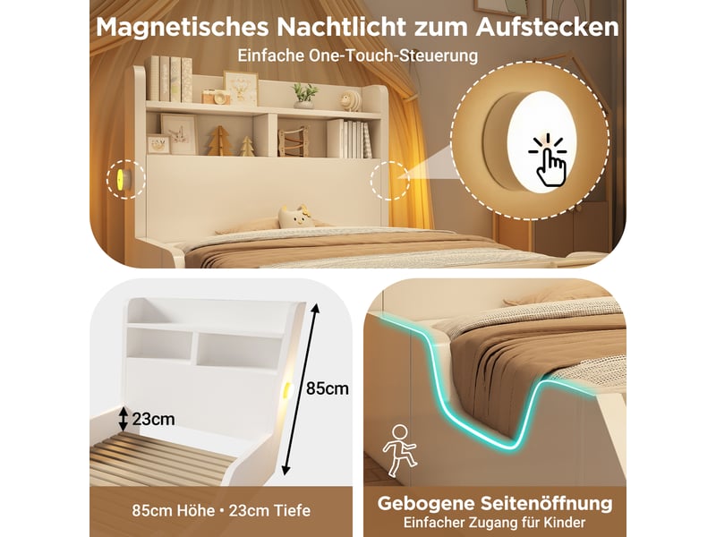  Lit enfant 90x200 cm en bois avec étagères, veilleuses led et bibliothèque amovible, lit avec rangement pour chambre enfant - blanc (sans matelas)  - Conforama D