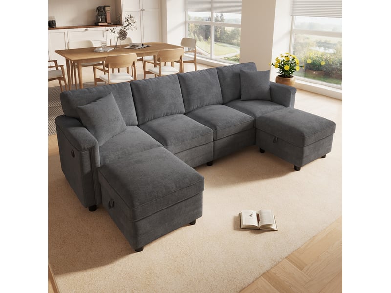 Canapé d'angle modulable gris 261x134x82 cm en chenille avec 2 poufs de rangement - Conforama B