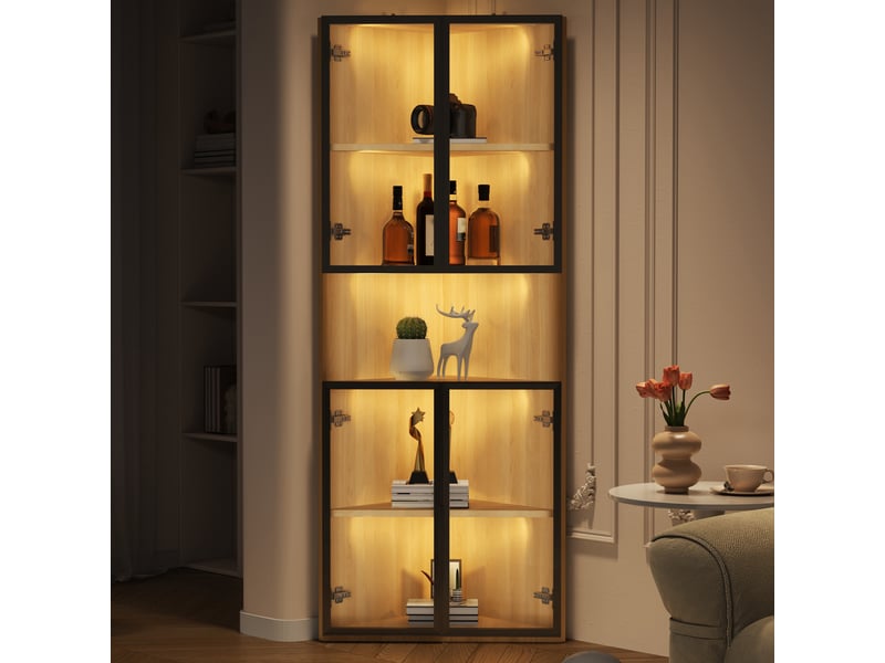  Vitrine 62x32x160 cm avec éclairage led, armoire en verre trempé avec cadre aluminium, meuble d'exposition pour collection et rangement - chêne  - Conforama B