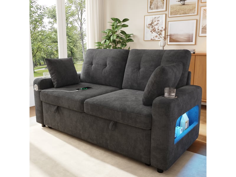  Canapé convertible 2 places 141,5x131x83,5 cm avec led, usb et usb-c, porte-gobelets, rangements accoudoirs, 2 coussins, chenille gris  - Conforama D