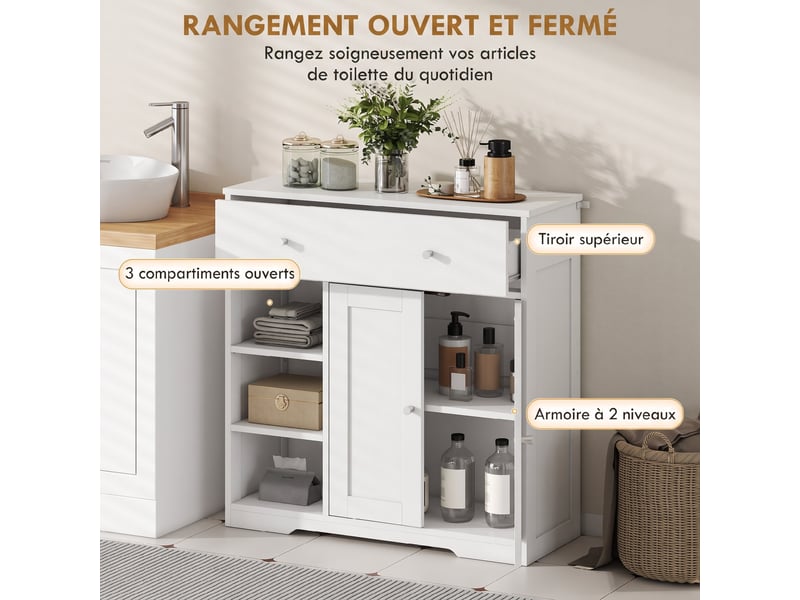  Meuble de salle de bain avec 1 tiroir, 2 portes, 3 compartiments ouverts, style scandinave, 80x30x80,2cm, blanc  - Conforama D