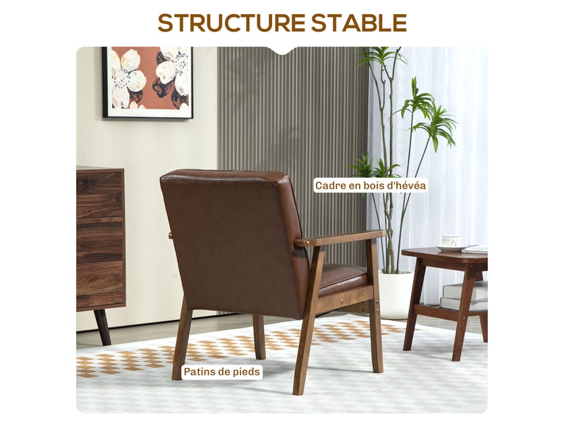  Fauteuil de salon, fauteuil de chambre en cuir synthétique, dossier capitonné, 64x73x81cm, pieds en bois massif, marron  - Conforama E