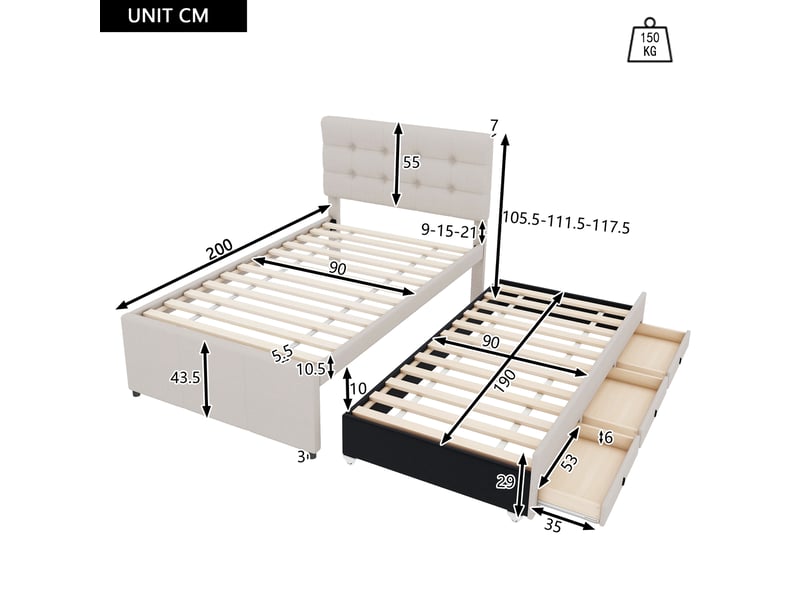 Lit gigogne beige 90x200/90x190 cm avec 3 tiroirs et tête de lit réglable - Conforama C