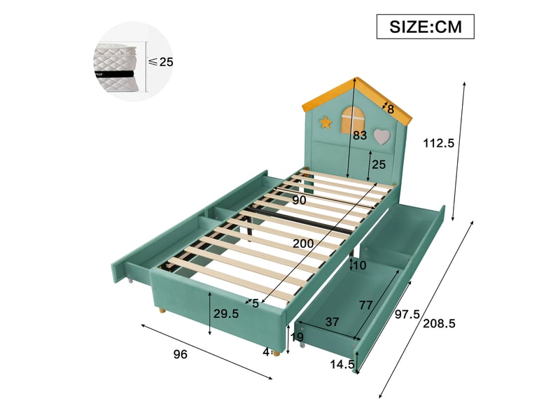  Lit enfant cabane 90 x 200 cm bleu-vert en velours français avec 4 tiroirs de rangement  - Conforama E