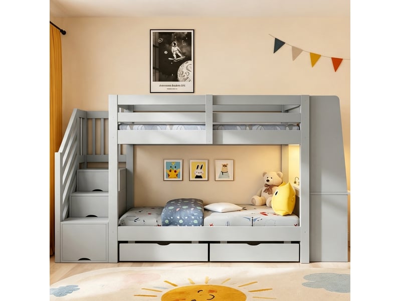  Lit mezzanine modenvie 90 x 200 cm avec bureau, rangement, tiroirs et éclairage led gris  - Conforama D