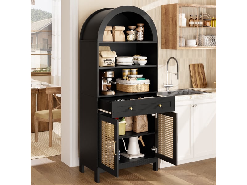  Armoire vitrine 170x40x70cm avec portes en rotin 3 étagères 2 portes 1 tiroir noir effet bois  - Conforama E