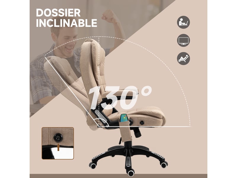  Fauteuil de bureau massant chauffant beige, dossier inclinable jusqu'à 130° et hauteur réglable  - Conforama W