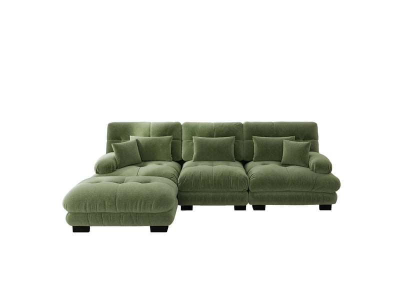  Canapé d'angle modulable en chenille vert, grand format 313x145cm, style cloud profond avec ottoman pour salon moderne  - Conforama A