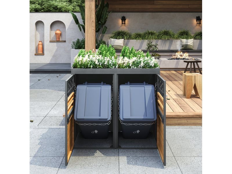  Coffre double pour bacs à déchets 132x80x125 cm toit à planter métal anthracite et aspect bois  - Conforama C