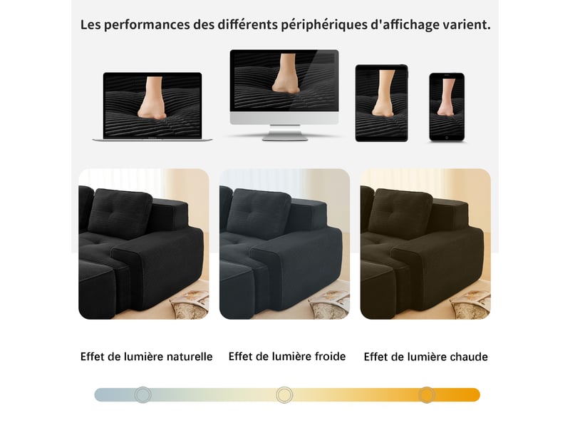  Canapé modulable d'angle en l,293x177x69cm,canapé 3 places sans structure avec 2 pouf,en velours côtel,rembourrage haute densité 32d - noir  - Conforama E