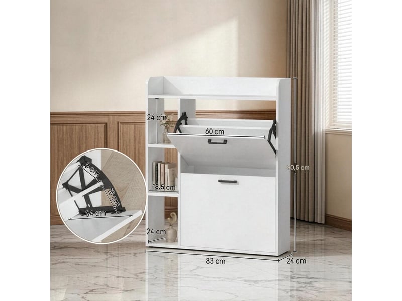  Meuble à chaussures 2 abattants et 3 niches blanc 83 x 24 x 90.5 cm  - Conforama C