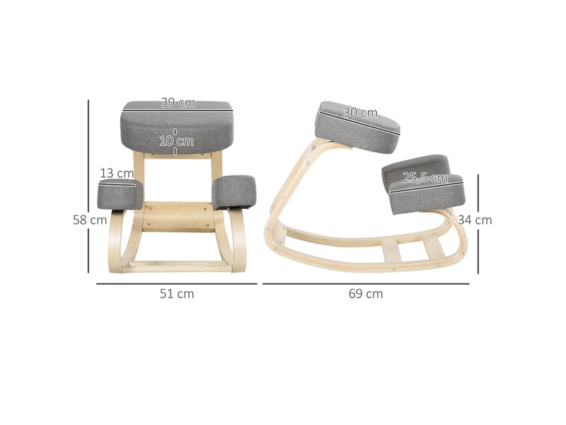  Chaise à genoux, tabouret ergonomique, tabouret rembourré pour une posture saine, bois de bouleau, capacité de charge 120 kg, gris  - Conforama E