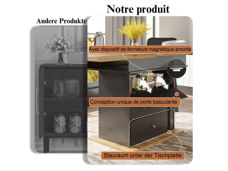 Table à manger extensible noir et naturel, rangement, pliable, étagères réglables, fermeture douce, solide - mdf - 110-140x80cm  - Conforama D