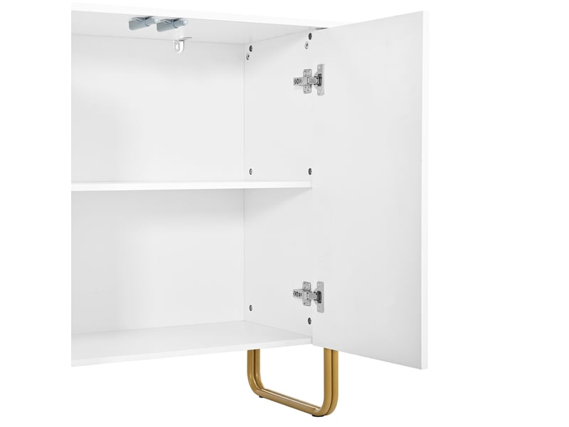  Buffet bas 160 cm en mdf blanc, 4 portes battantes push-to-open, reliefs en arc et pieds en fer doré, style design  - Conforama D