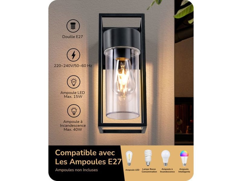  Applique murale exterieure style lanterne e27 ip44 27 x 11 cm noire alu 370618_AAAYU31891_6_DROPFR - Conforama D