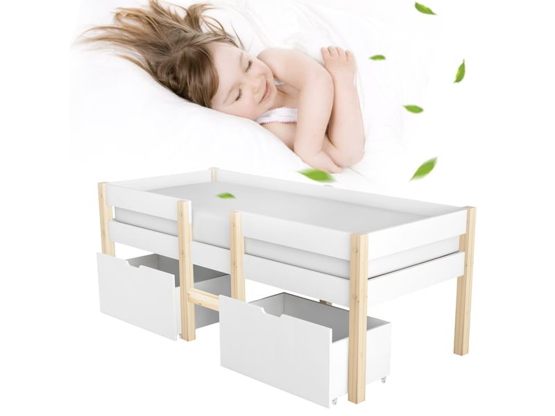 Lit enfant mi hauteur 90x190cm en bois de pin massif, lit simple structure en pin sommier inclus, blanc et chêne - Conforama W