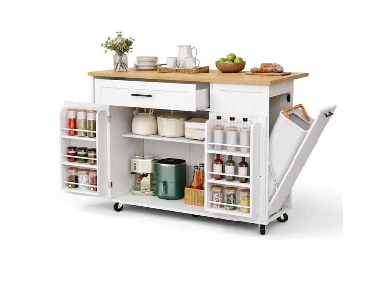  Îlot de cuisine mobile 130 x 70 x 93 cm, plateau rabattable, mdf blanc  - Conforama A